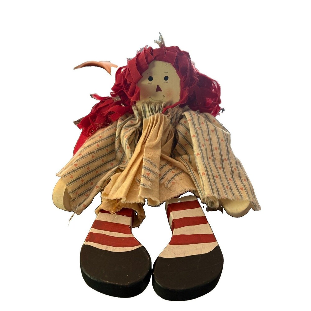 Vintage Country Primitive Raggedy Ann Doll Wooden Hands Feet 15” Shelf Sitter